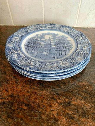 4 Liberty Blue China Dinner Plates Independence Hall Vintage Made in England 3