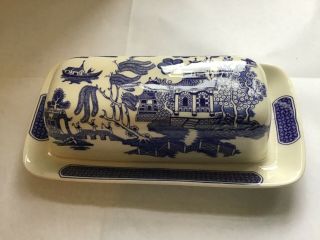 Vintage Churchill Blue Willow Covered Butter Dish 8” - Made In England