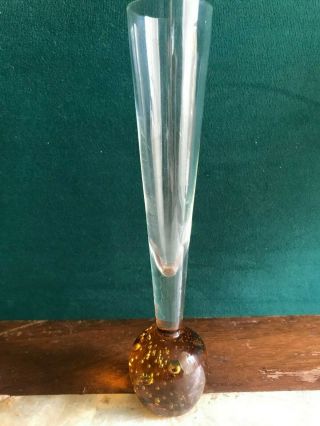 Vintage Art Glass Bud Vase Controlled Bubble Bottom Paperweight Amber 8 Inches