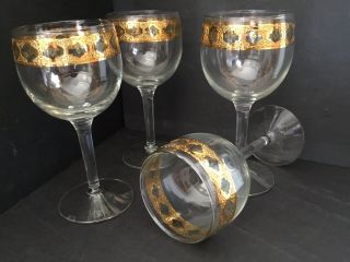 4 Vtg Culver Valencia Mid Century 22k Gold Green Diamond Wine Glasses Boho