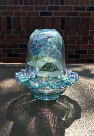 Fenton Glass Blue Iridescent Fairy Lamp Hand Painted Winter Scene