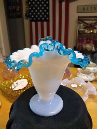 Vintage Fenton Milk Glass Aqua Crest Ruffled Oval Vase 4.  5 " Circa 1941 291