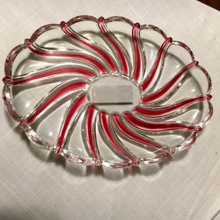 Vintage Mikasa Oval Peppermint Red Swirl Glass Platter Candy Stripe Dish 9 1/2 "