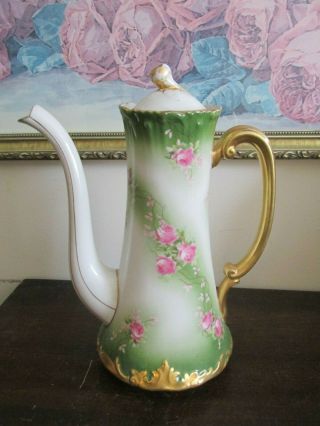 Antique Limoges Tv France Hand Painted Coffee Pot Pink Roses Gold