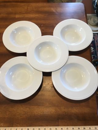 Set Of 5 Crate & Barrel White Staccato Dot Rimmed Soup Bowls Bead 9 - 3/8 " Euc
