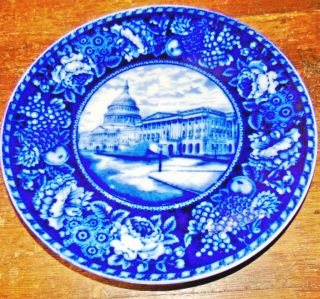Antique Historical Staffordshire Flow Blue Plate Capitol White House Washington