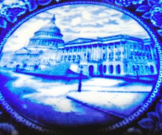 Antique Historical Staffordshire Flow Blue Plate Capitol White House Washington 2