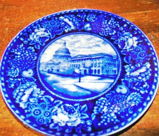 Antique Historical Staffordshire Flow Blue Plate Capitol White House Washington 7