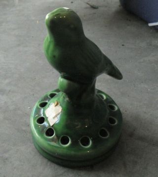 Vintage Glazed Ceramic Green Bird Figurine Flower Frog 5 1/2 " Tall