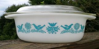 Vintage Pyrex 043 Blue Birds Turquoise & Cover Casserole Dish Bowl 1 - 1/2 Qt