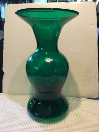 Blenko Handcraft Art Glass Forest Green Vase 11.  5 " Sticker Dated 2016