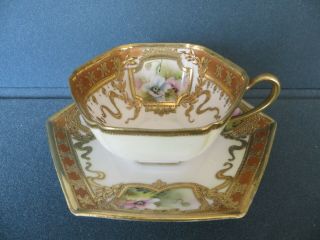 Antique Nippon Gold Encrusted Hand Painted Flowers Gold Beaded Cup & Saucer