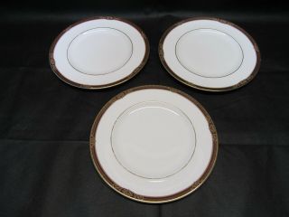 Set Of 3 Vintage 1996 Royal Doulton Tennyson Burgundy Gold Dinner Plate 10 - 5/8 "