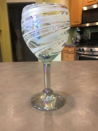 Hand Blown Clear Opalescent Wine Water Glass Goblet White Swirl Art Glass Mexico