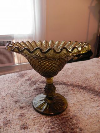Green Depression Glass Candy Compote Pedestal Candy Dish Diamond Point Pattern