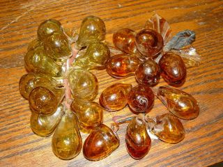 2 Vintage Hand Blown Glass Grape Clusters Leaves Stems Murano Style Amber Green