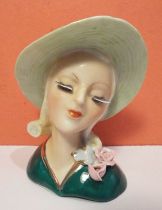 Lady Head Vase Green Dress Hat Bust Eye Lashes Gold Japan Vintage