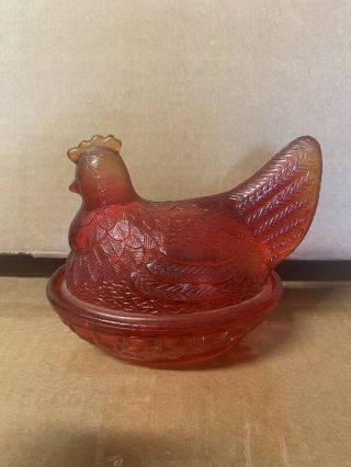 Vintage Indiana Glass Red Chicken Hen On Nest Candy Dish