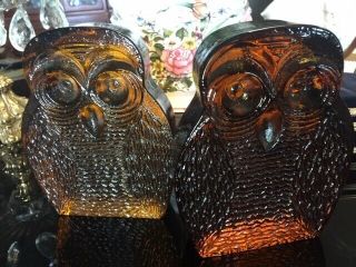Blenko Glass Owl Bookends (pair) Joel Myers Amber