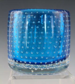 Vintage Mid Century Modern Controlled Bubble Blue Art Glass Cup Brush Pot