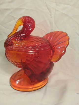 Vtg L.  E.  Smith Glass Amberina Turkey Covered Bowl/jar