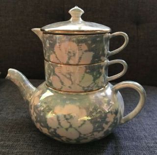 Vintage Royal Winton Blue Luster Chintz Stacking Teapot Tea For One Euc