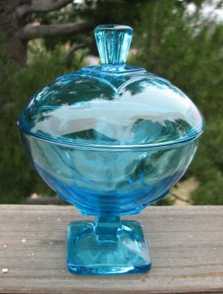 Vintage Turquoise Glass Hazel Atlas Square Colony Covered Candy Dish Or Compote