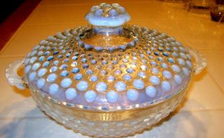 Vintage Hobnob Fenton Opalescent White Bowl - Dish With Handles And Lid