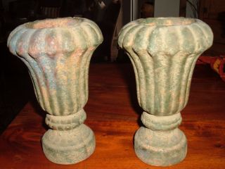 Pottery Stone Vases / Urns Verde Green Finish Fluted Design Set Of Two (2)
