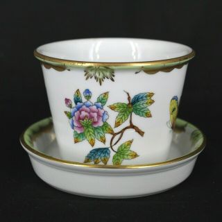 Herend Hungary Porcelain Hand - Painted Green Floral Planter With Saucer