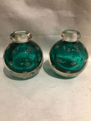 Vintage Pr Blown Glass Controlled Bubble Green & Clear Bud Vase - Candlesticks
