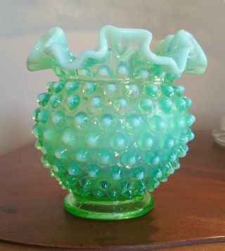 Fenton Green Opalescent Hobnail 4 3/4 Inch Ruffled Vase