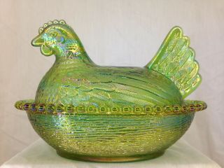 Indiana 7 Inch Lime/emerald Green Carnival Hen On Nest Glass Covered Candy Dish