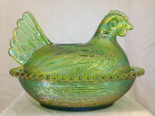 Indiana 7 Inch Lime/Emerald Green Carnival Hen On Nest Glass Covered Candy Dish 2