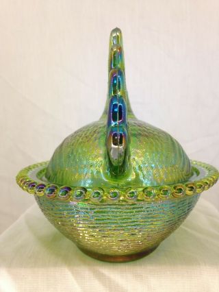 Indiana 7 Inch Lime/Emerald Green Carnival Hen On Nest Glass Covered Candy Dish 4