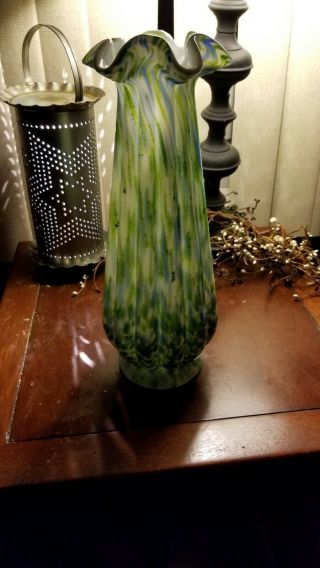 Gorgeous Fenton Murrhina Large 14 Inch Glass Vase,  Greens,  Whites And Blues