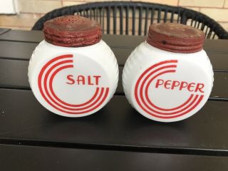 Vintage Anchor Hocking Fire King Vitrock Art Deco Salt & Pepper Set Red Letter