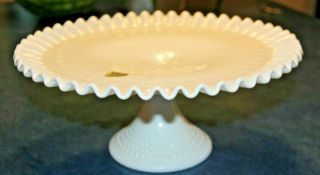 Fenton Milk Glass Hobnail Pedestal Cake Plate With Ruffled Edge 12.  5”