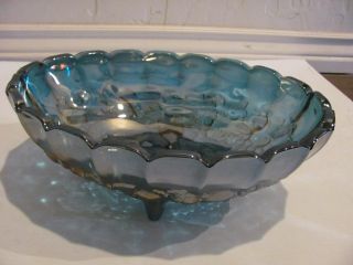 Vintage Iridescent Blue/green Indiana Carnival Glass Footed Oval Bowl