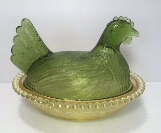 Unique Vintage Green/ Yellow Indiana Glass Hen On Nest