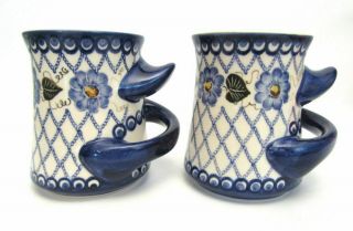 Set Of 2 Vintage Polish Pottery Coffee Mugs Thumb Handle Cups Poland Rare