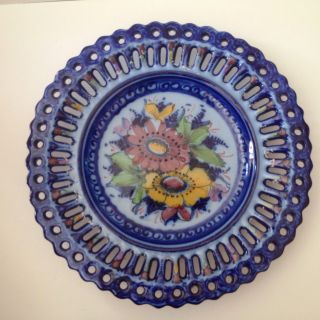 Portuguese Pal Alcobaca Mid - Century Hand - Painted Deep Blue Ceramic Hanging Plate 2