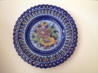 Portuguese Pal Alcobaca Mid - Century Hand - Painted Deep Blue Ceramic Hanging Plate 4