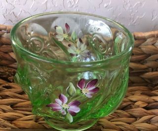 Fenton Green Bowl Hand Painted By Sue Jackson Purple White Flowers
