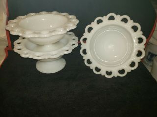 Vintage White Milk Glass Lace Edge Pedestal Footed Candy Dish Compote Bowl - 2