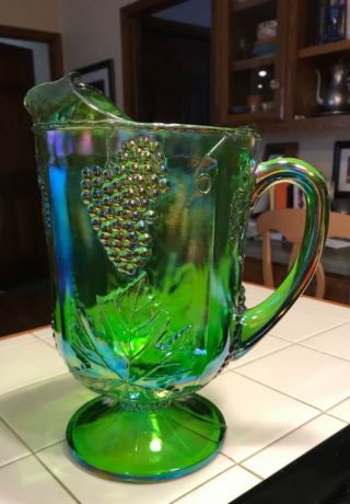 Vintage Fenton Variant Green Carnival Glass Pitcher Grapes And Leaves