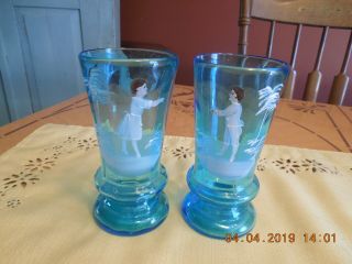 Vtg Pair (2) Mary Gregory Blue Glasses With Boy And Girl