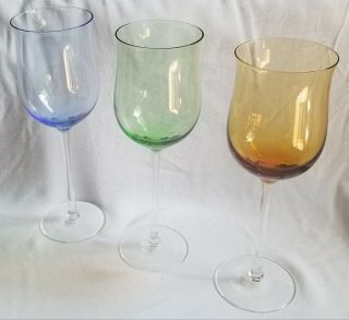 3 Vtg Lenox Gems Crystal Tulip Wine Glasses 9 " Assorted Colors Amber Green Blue