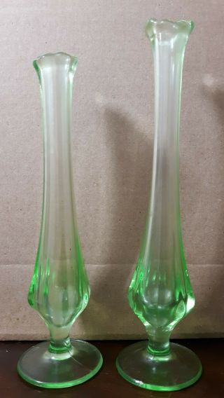 Vintage Depression Glass Green Flower Bud Vase Pair Rare Color 9 " & 8 " Set