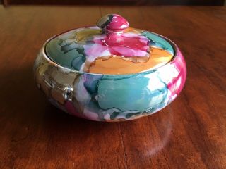 Narareus For Artistica,  Inc.  Ceramic Bowl W/lid,  Italy,  Pink,  Gold,  Teal Glaze